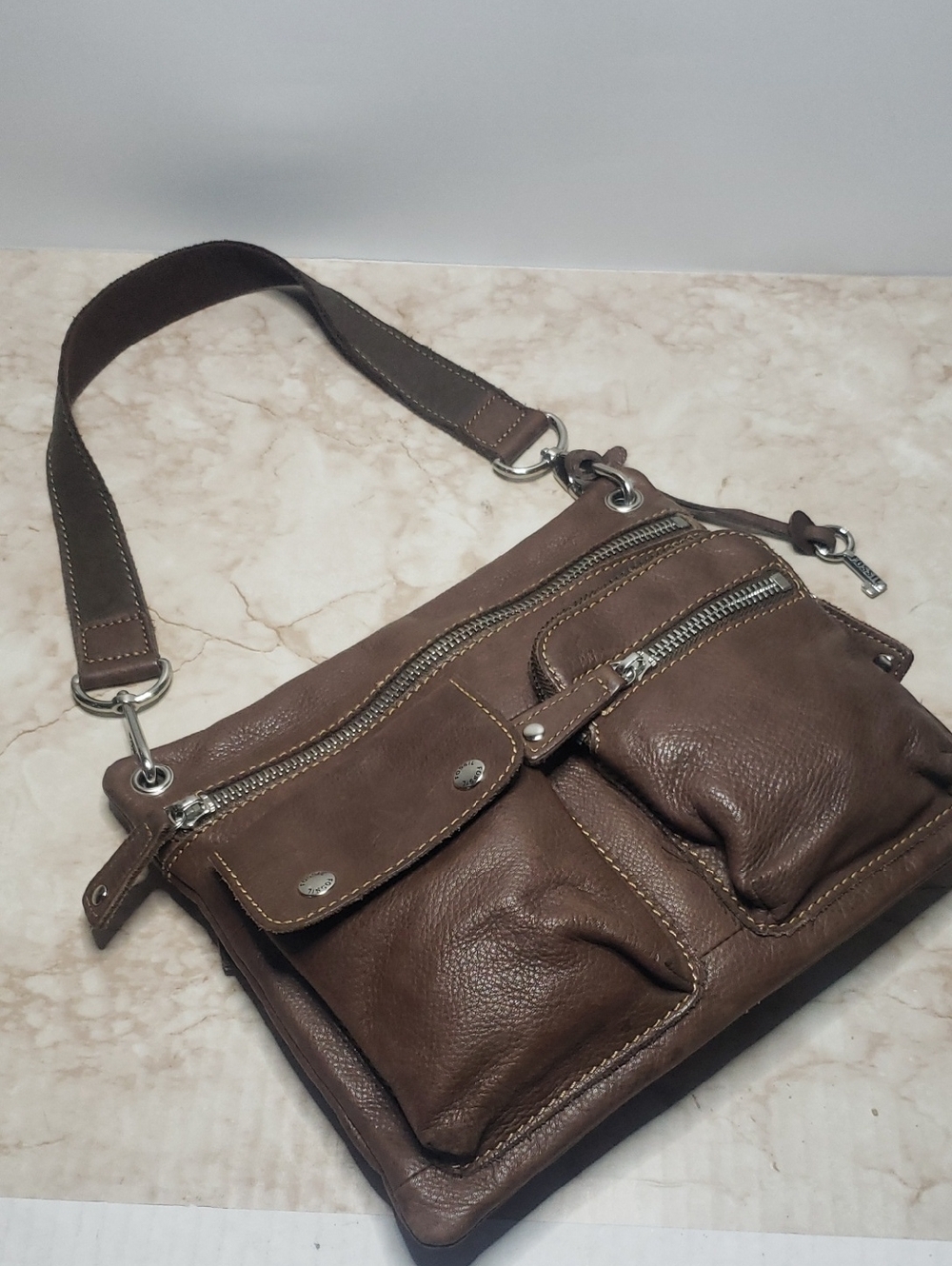 Fossil Brown Pebble Leather Multipocket Shoulder Bag